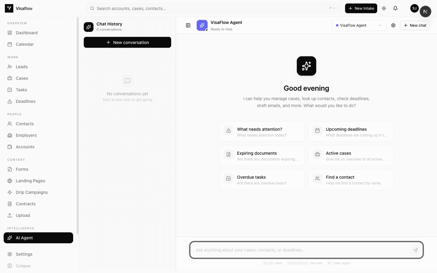 VisaFlow AI Agent — Ask about cases, contacts, deadlines, and get instant answers with suggested actions